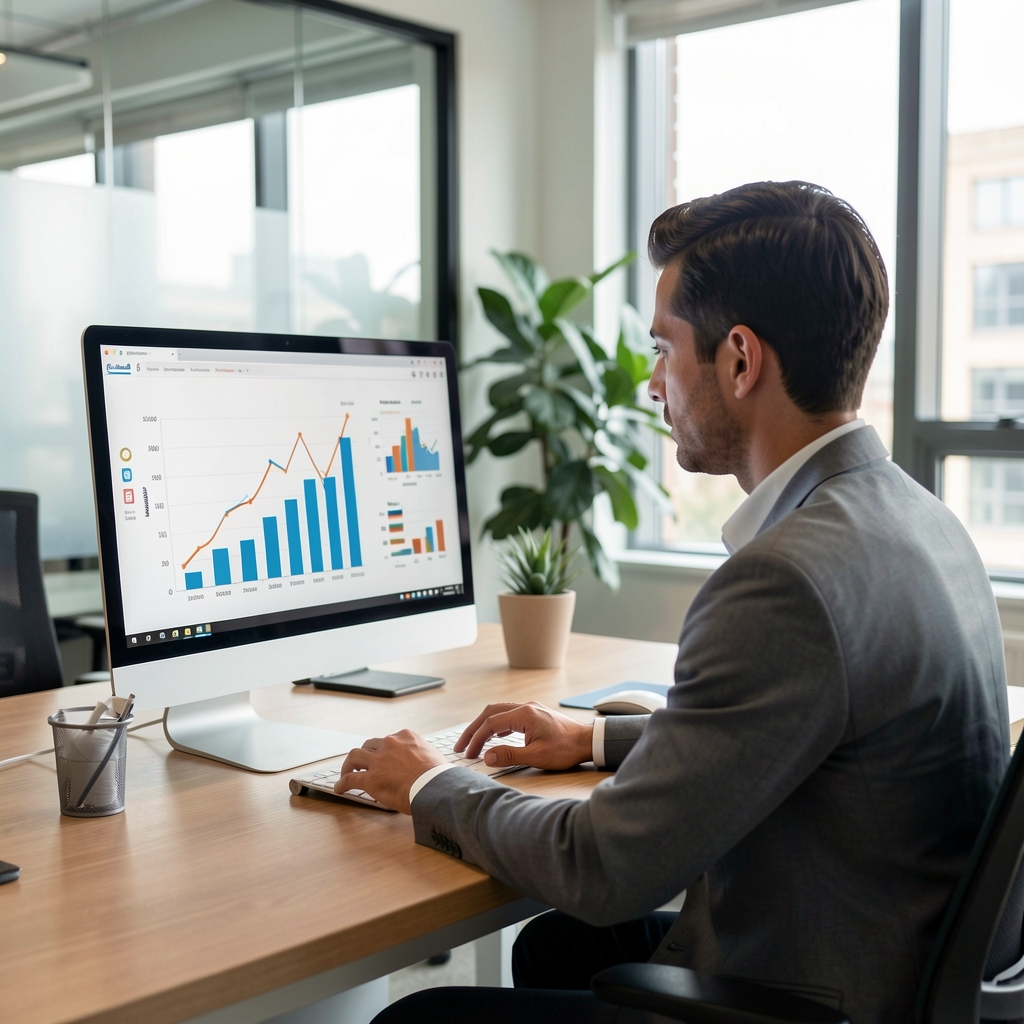 Analista financiero revisando gráficos de rentabilidad en una pantalla de computadora dentro de una oficina moderna