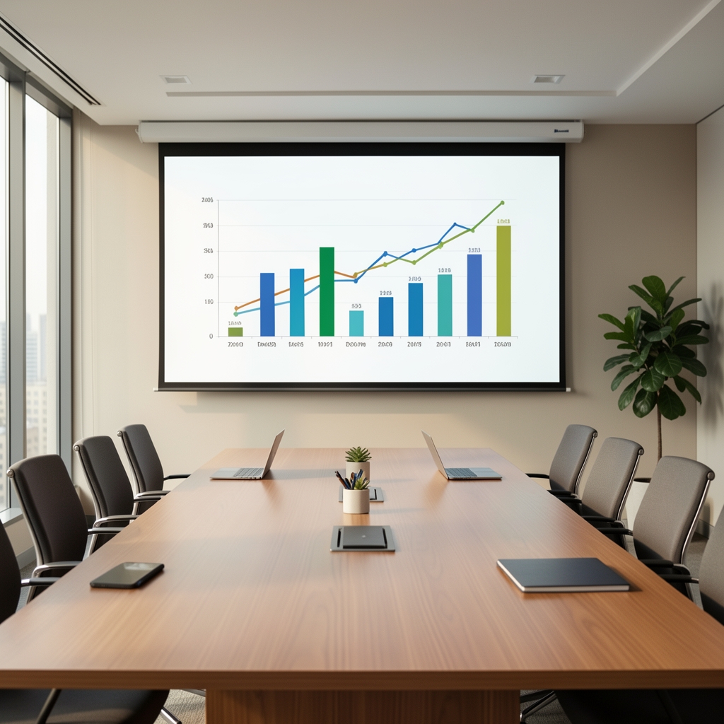 Gráficos de barras y líneas de rentabilidad financiera proyectados sobre una pantalla en una sala de reuniones