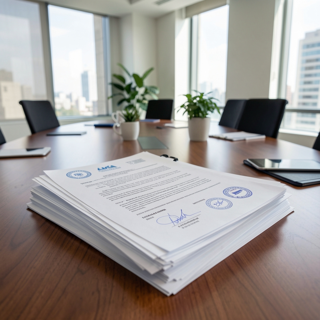 Documentos impresos con sellos y firmas de auditoría contable apilados sobre una mesa de reuniones de oficina