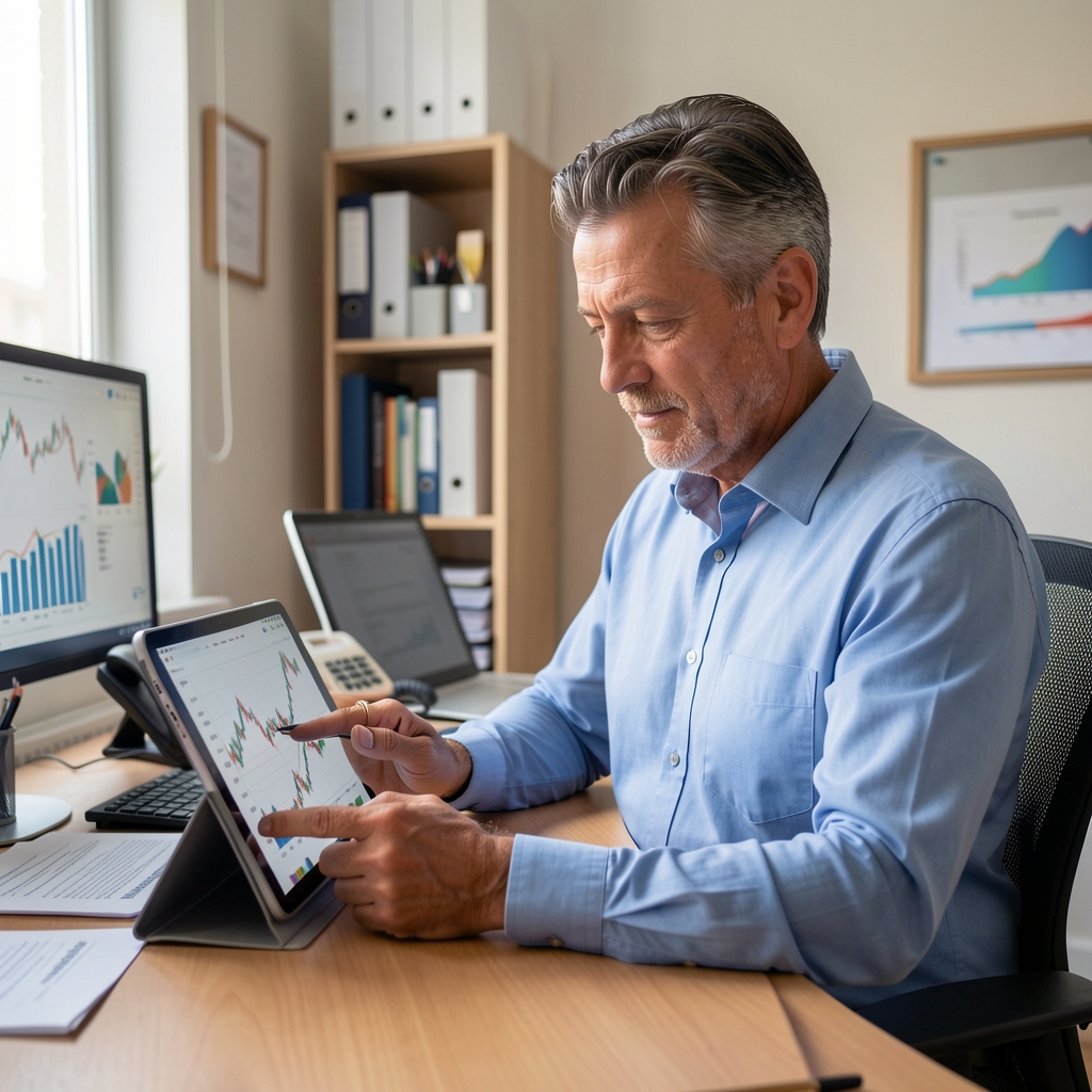 Contador de mediana edad revisando gráficos financieros en una tablet dentro de una pequeña oficina administrativa