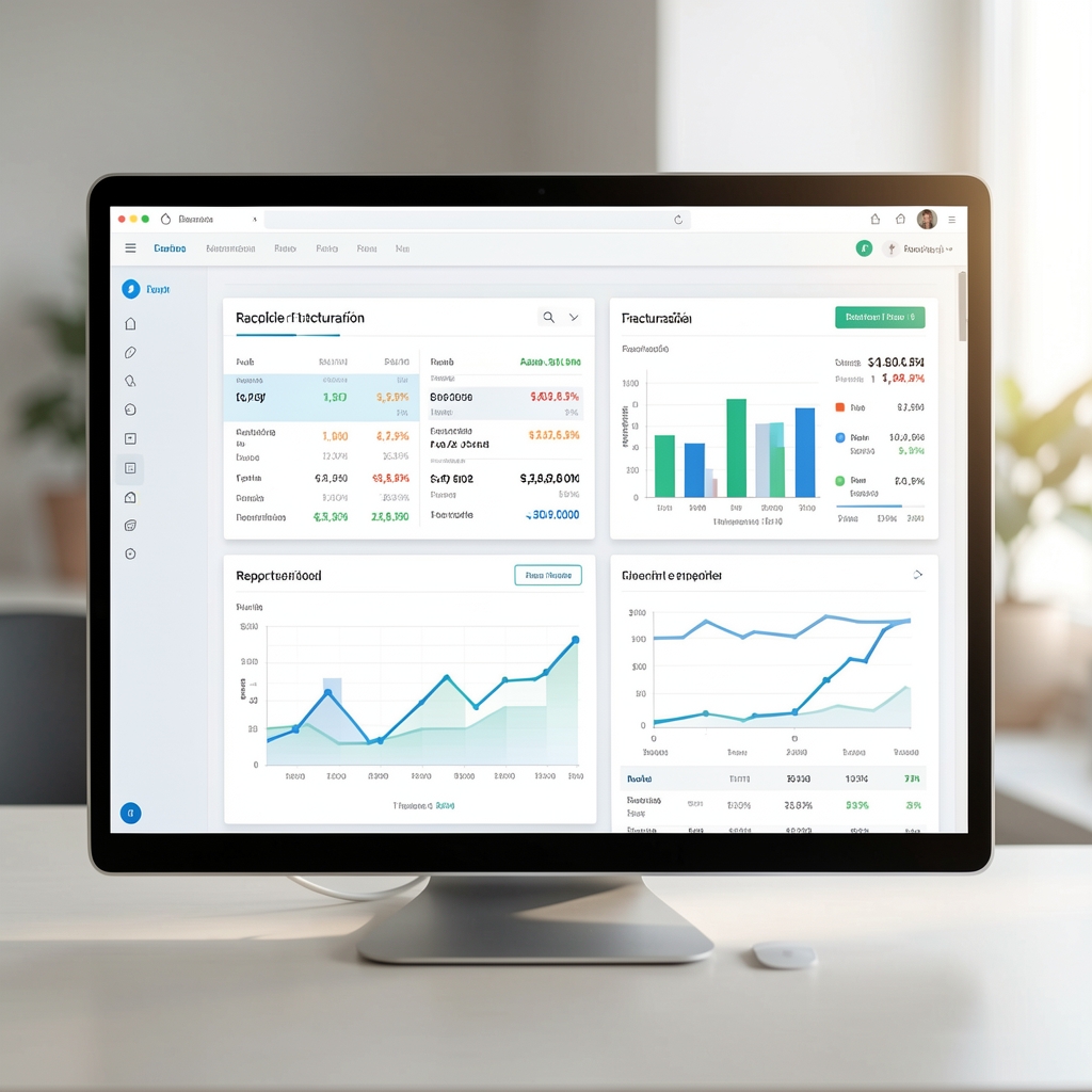 Pantalla de software contable en la nube mostrando dashboards de facturación y reportes financieros en tiempo real