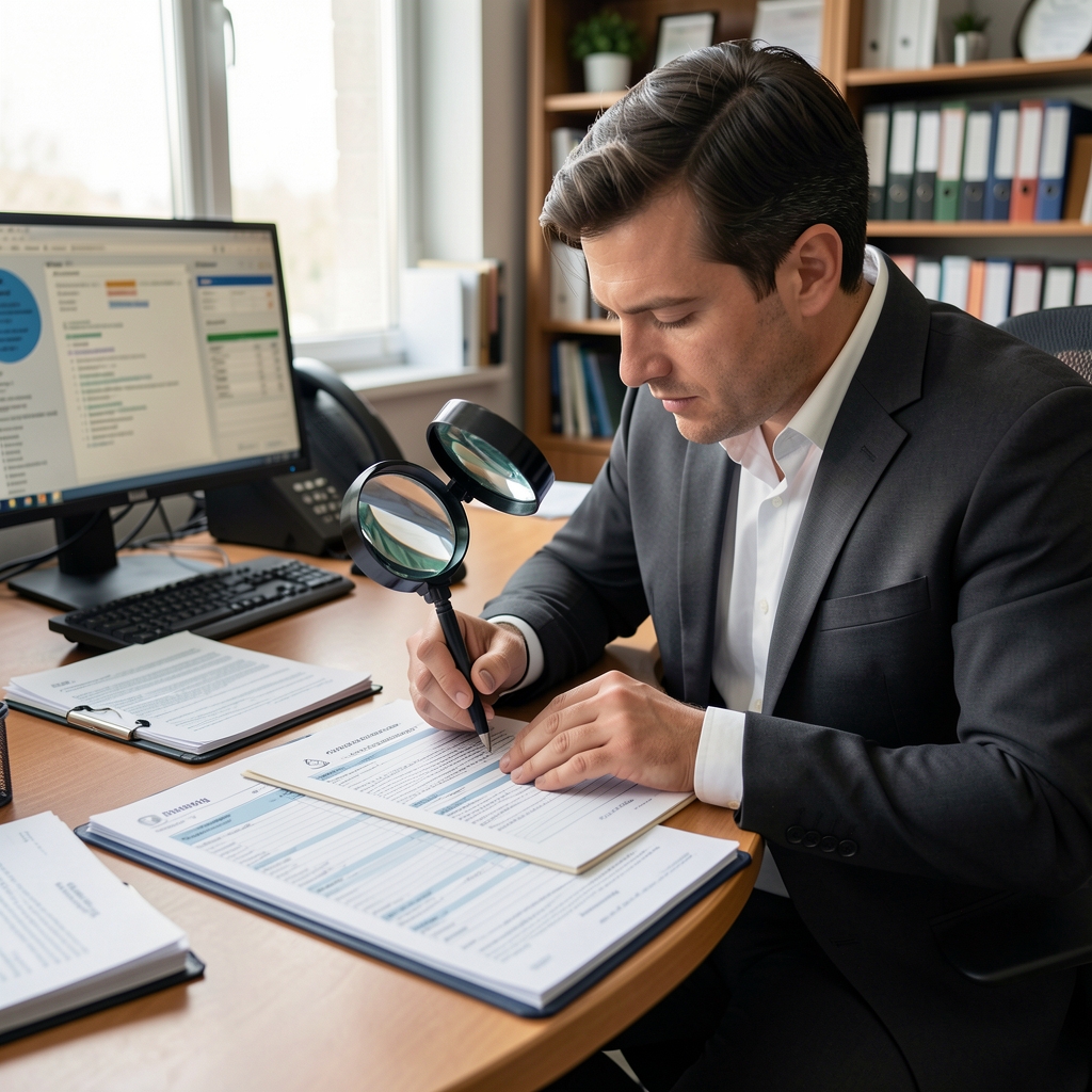 Auditor revisando comprobantes contables y planillas de verificación con una lupa sobre un escritorio de oficina