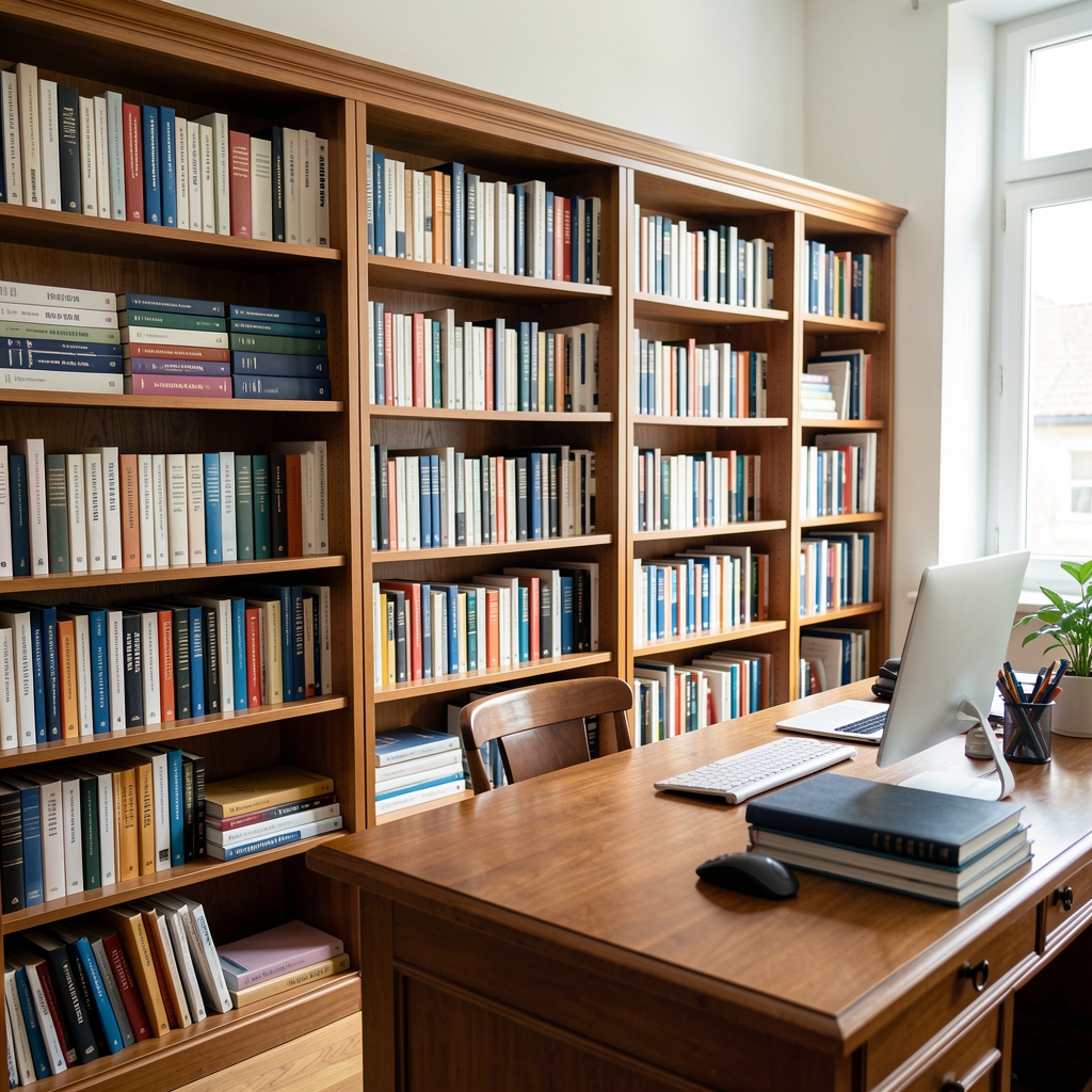 Biblioteca con libros de contabilidad y finanzas ordenados en estantes de madera junto a una mesa de estudio