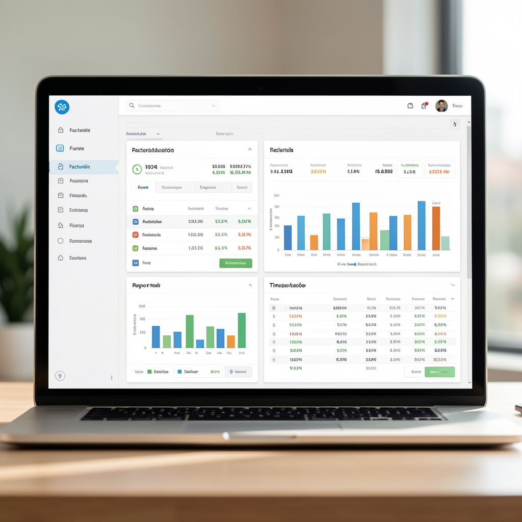 Pantalla de software contable en la nube mostrando dashboards de facturación y reportes financieros en tiempo real