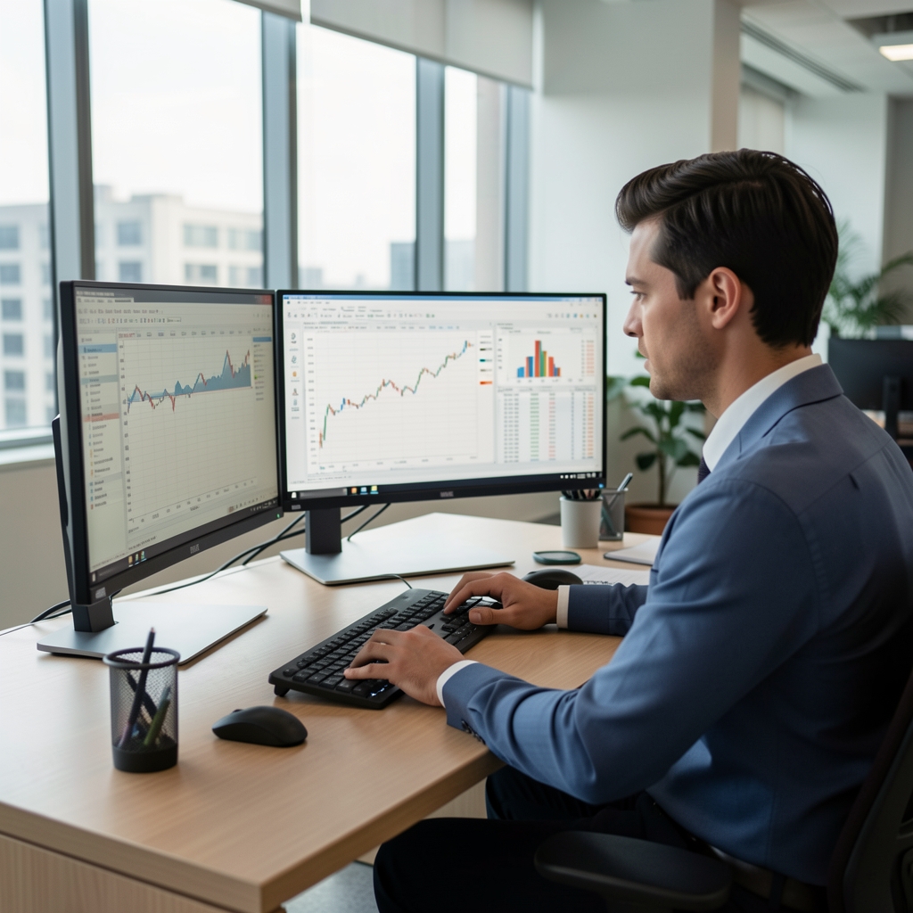 Profesional contable trabajando con múltiples pantallas mostrando gráficos financieros y planillas de cálculo en una oficina contemporánea