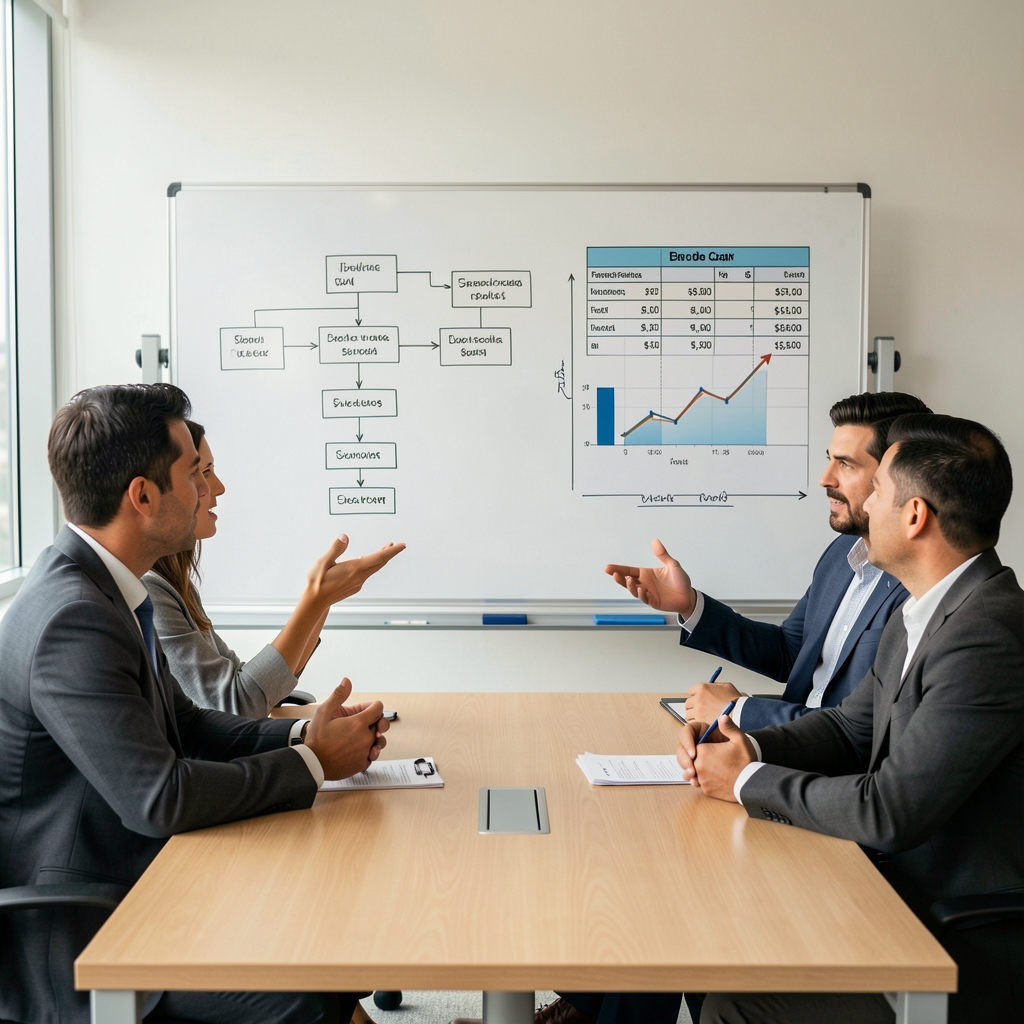 Equipo de profesionales debatiendo frente a un pizarrón con gráficos de flujo de caja y estados financieros