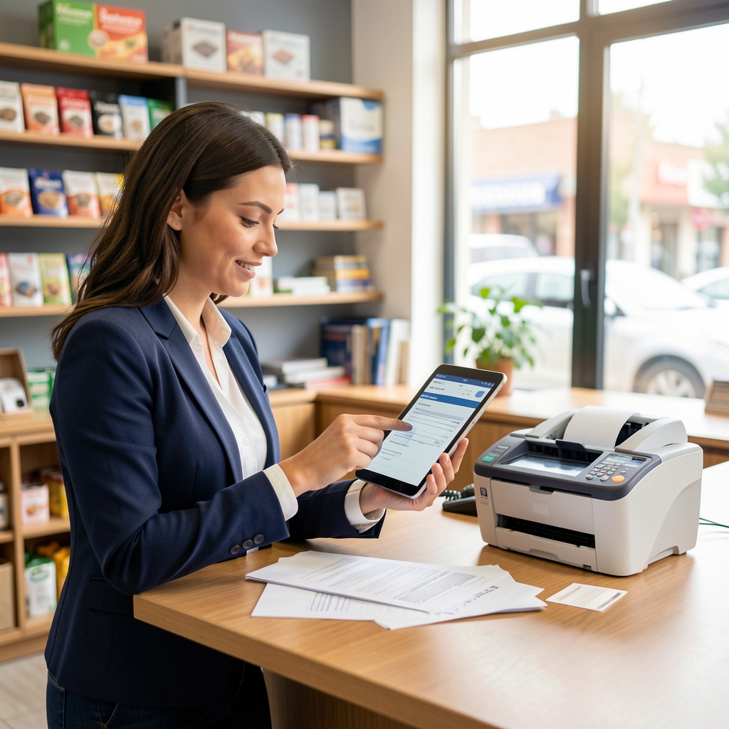 Persona utilizando una tablet para emitir facturas electrónicas junto a una impresora de tickets en un comercio