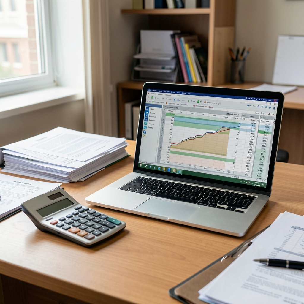Escritorio de oficina contable con calculadora, documentos financieros ordenados y una laptop mostrando planillas de balance