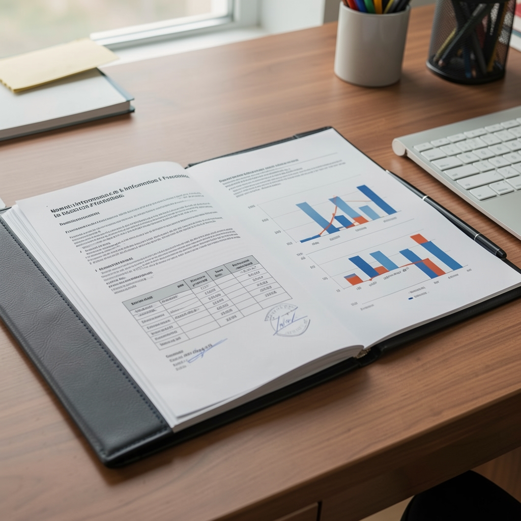 Carpeta con documentos de normas internacionales de información financiera y gráficos de balance sobre un escritorio