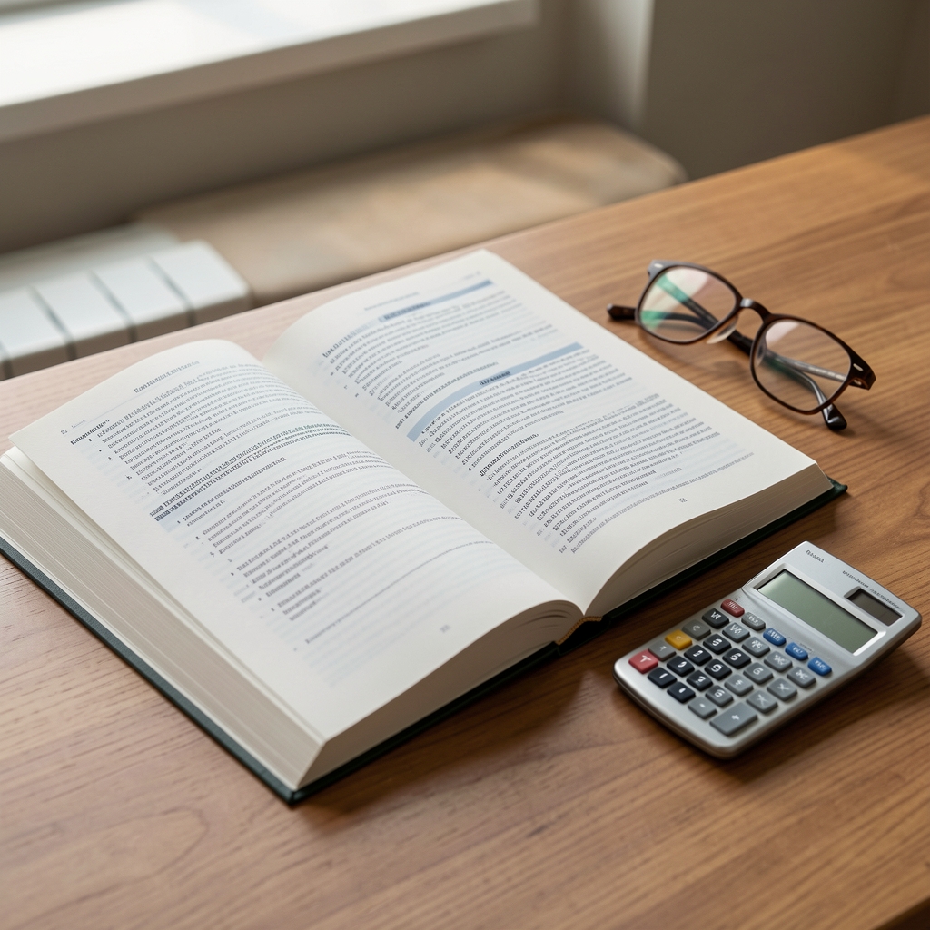 Libro de normas contables internacionales abierto sobre un escritorio junto a una calculadora y anteojos de lectura