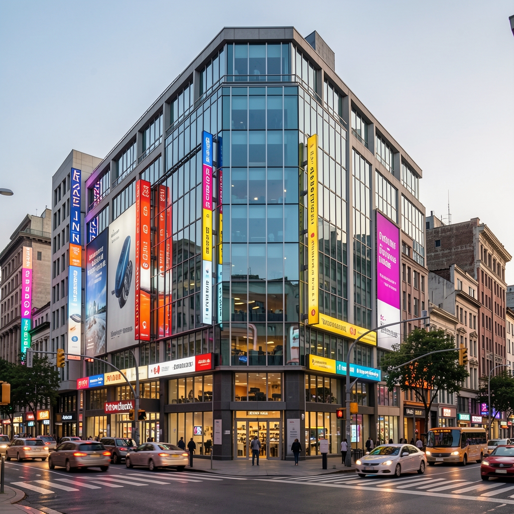 Fachada de edificio de oficinas sobre Avenida Corrientes en Buenos Aires con carteles luminosos y tráfico urbano