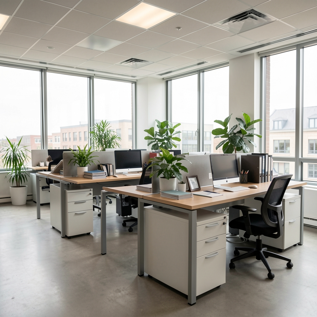 Interior de oficina contable moderna con escritorios ordenados, plantas y ventanales luminosos en Buenos Aires